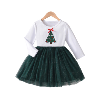 Külkereskedelmi, határokon átnyúló karácsonyi, új stílusú, lányoknak való, európai és amerikai stílusú, karácsonyfa mintás, hosszú ujjú, összeillesztett hálós ruha