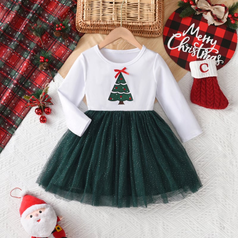 Külkereskedelmi, határokon átnyúló karácsonyi, új stílusú, lányoknak való, európai és amerikai stílusú, karácsonyfa mintás, hosszú ujjú, összeillesztett hálós ruha