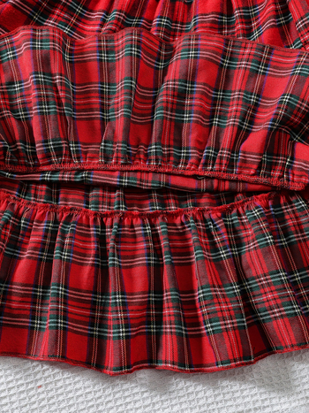 Crvena božićna haljina za djevojčice u kroju, Lolita stil, karirana čipkasta haljina s visokim ovratnikom, mašnom i dugim rukavima, A-kroja