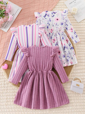 Σετ 3 τεμαχίων με μακριά μανίκια για κορίτσια, ριγέ μοτίβο με λουλούδια, καθαρό χρώμα, κατάλληλο για υπαίθριες δραστηριότητες