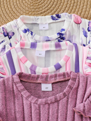 Σετ 3 τεμαχίων με μακριά μανίκια για κορίτσια, ριγέ μοτίβο με λουλούδια, καθαρό χρώμα, κατάλληλο για υπαίθριες δραστηριότητες