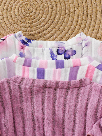 Σετ 3 τεμαχίων με μακριά μανίκια για κορίτσια, ριγέ μοτίβο με λουλούδια, καθαρό χρώμα, κατάλληλο για υπαίθριες δραστηριότητες