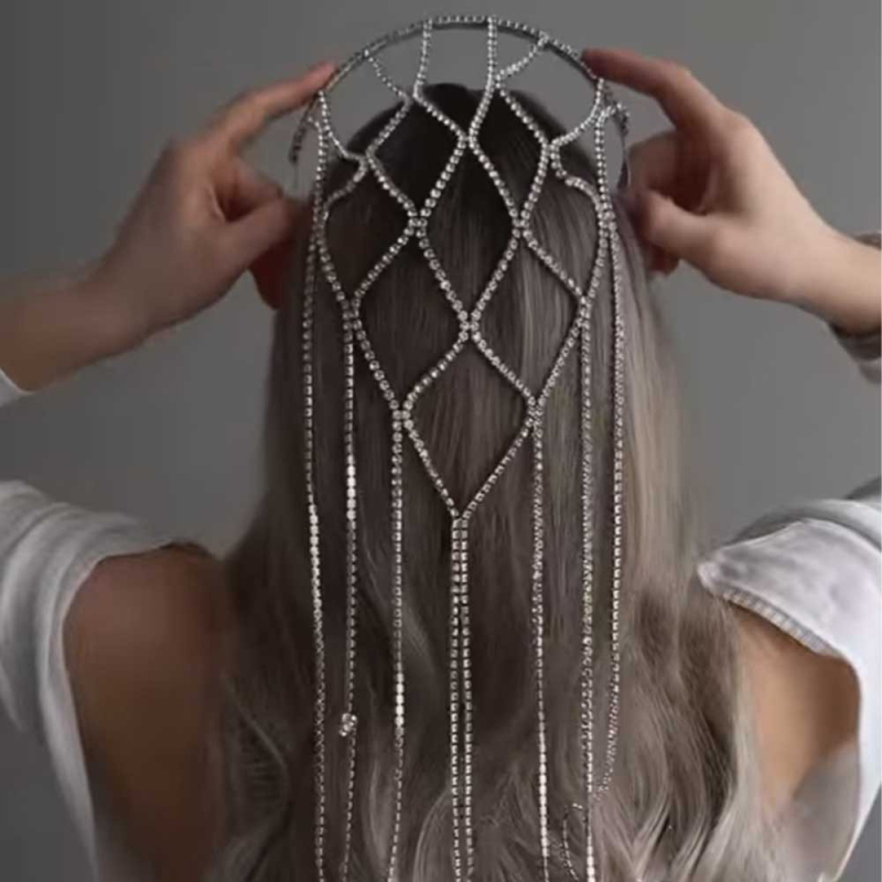 Prekogranična vruća prodaja preša za kosu od mrežastog obruča za kosu za žene, vjenčanje mladenke, luksuzna traka za glavu s rhinestone resicama, internetski modni dodaci za kosu slavnih osoba