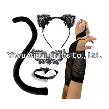 Seksikas musta kassi kaunistus Halloweeni pitsist silmamaskiga kassikõrvade peapaelaga kellukaelakee loomasabaga