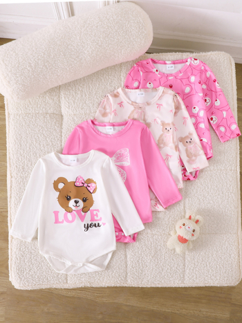 Őszi és téli 4 részes kislány ruha, puha és kényelmes, rajzfilm medve és masni mintás, aranyos és édes hosszú ujjú