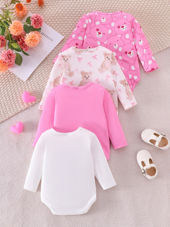 Φθινοπωρινό και Χειμωνιάτικο 4 τεμάχια για κορίτσια, μαλακά και άνετα, χαριτωμένα και γλυκά μακριά μανίκια με αρκουδάκι και φιόγκο σε σχέδια κινουμένων σχεδίων