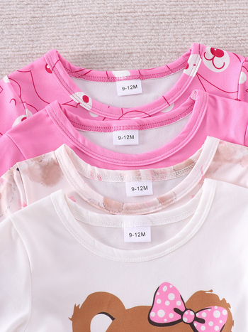 Φθινοπωρινό και Χειμωνιάτικο 4 τεμάχια για κορίτσια, μαλακά και άνετα, χαριτωμένα και γλυκά μακριά μανίκια με αρκουδάκι και φιόγκο σε σχέδια κινουμένων σχεδίων