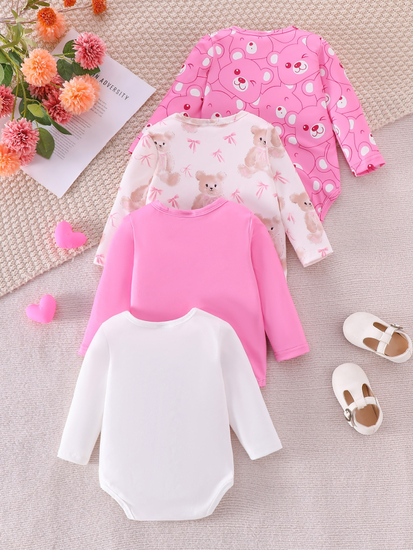 Őszi és téli 4 részes kislány ruha, puha és kényelmes, rajzfilm medve és masni mintás, aranyos és édes hosszú ujjú