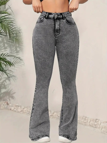 Blugi de damă gri închis, cu croială slim fit, design multifuncțional, talie înaltă, din denim, pantaloni evazați, experți transfrontalieri