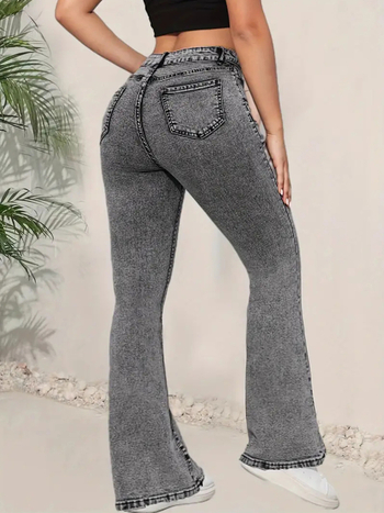 Blugi de damă gri închis, cu croială slim fit, design multifuncțional, talie înaltă, din denim, pantaloni evazați, experți transfrontalieri