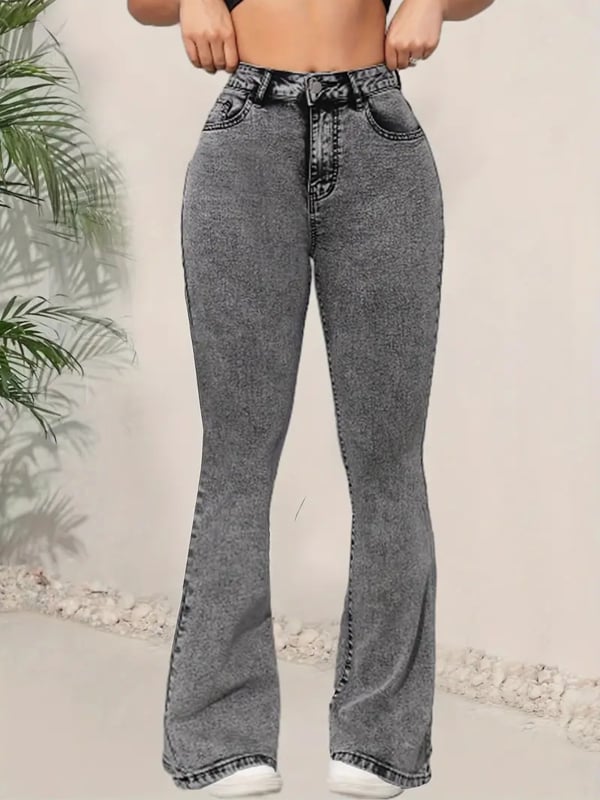 Blugi de damă gri închis, cu croială slim fit, design multifuncțional, talie înaltă, din denim, pantaloni evazați, experți transfrontalieri