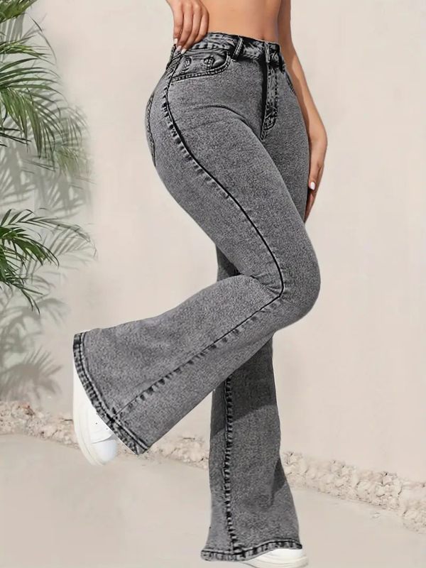 Blugi de damă gri închis, cu croială slim fit, design multifuncțional, talie înaltă, din denim, pantaloni evazați, experți transfrontalieri