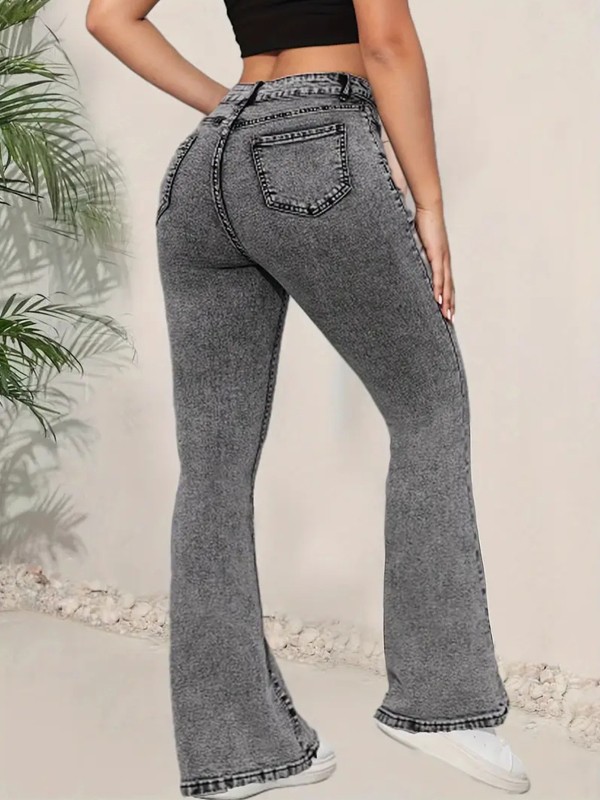 Blugi de damă gri închis, cu croială slim fit, design multifuncțional, talie înaltă, din denim, pantaloni evazați, experți transfrontalieri