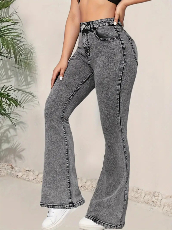 Blugi de damă gri închis, cu croială slim fit, design multifuncțional, talie înaltă, din denim, pantaloni evazați, experți transfrontalieri