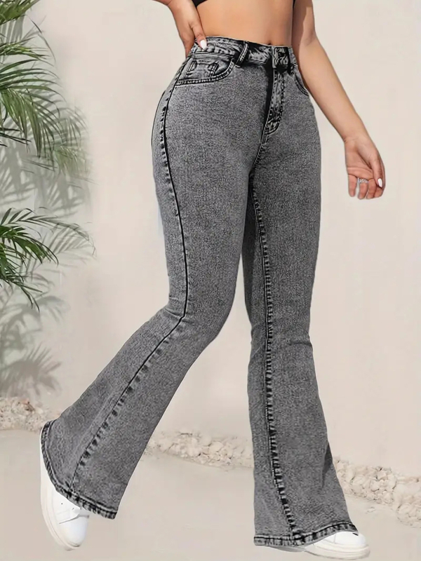 Blugi de damă gri închis, cu croială slim fit, design multifuncțional, talie înaltă, din denim, pantaloni evazați, experți transfrontalieri