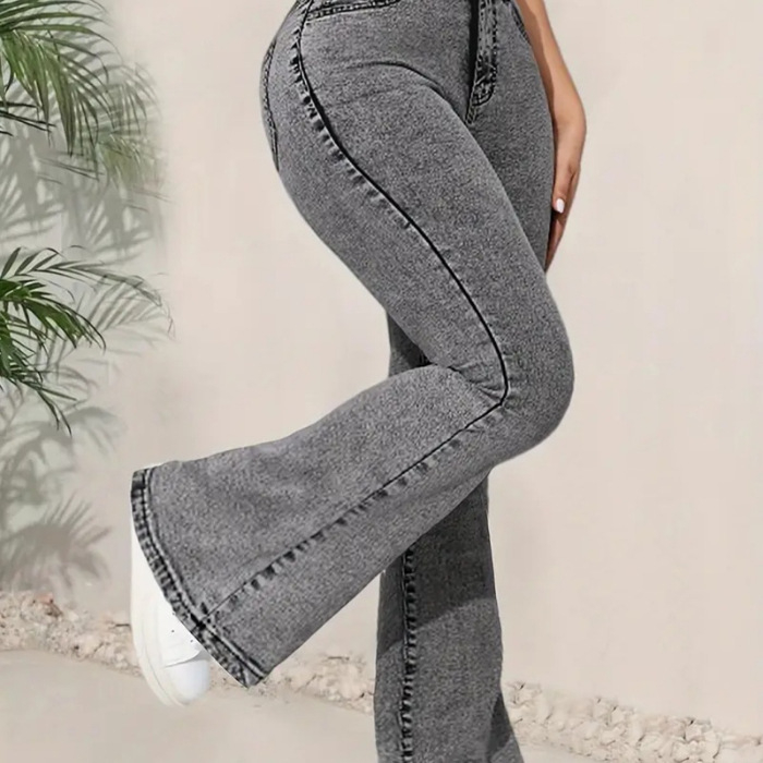 Blugi de damă gri închis, cu croială slim fit, design multifuncțional, talie înaltă, din denim, pantaloni evazați, experți transfrontalieri