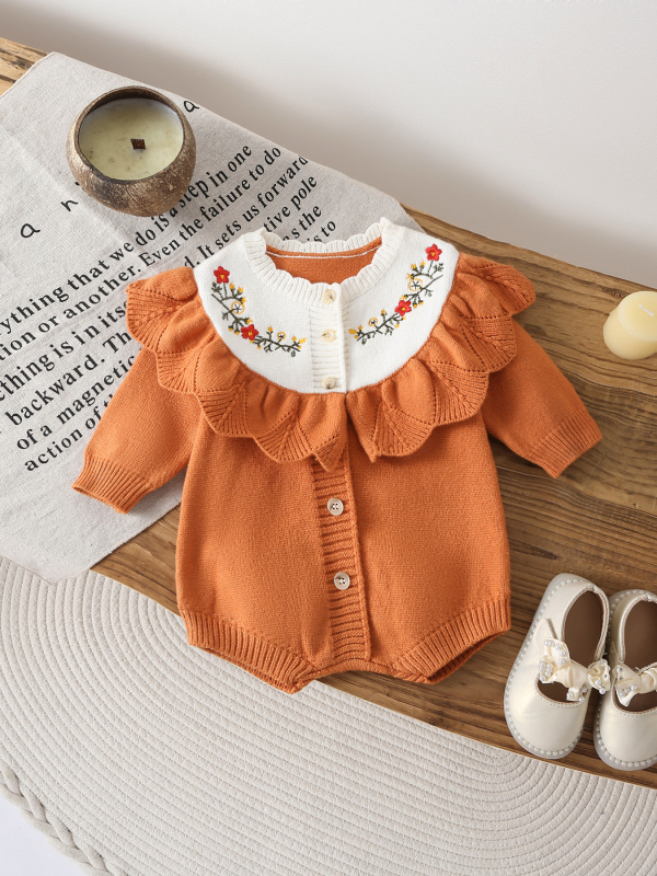 2025 Cross-Border Ins Îmbrăcăminte pentru copii Salopetă tricotată Primăvară & Toamnă Drăguț Floral Jacquard Culoare contrastantă Costum de târâre cu mânecă lungă Frunză de lotus