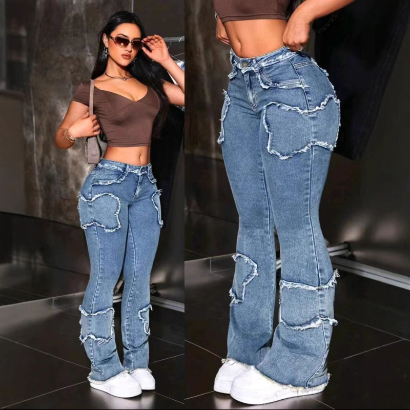 Blugi pentru femei, blugi sexy, cu margine brută, stea cu cinci colțuri, blugi largi, en-gros, pantaloni cargo, blugi