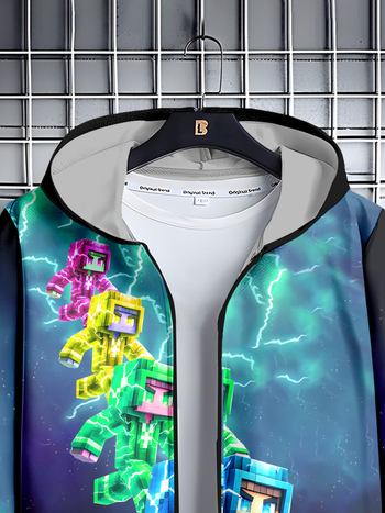 Piiriülene 3D-digitaalprintimisega poiste kapuutsiga dressipluus, digitaalse lukuga kapuutsiga kardigan