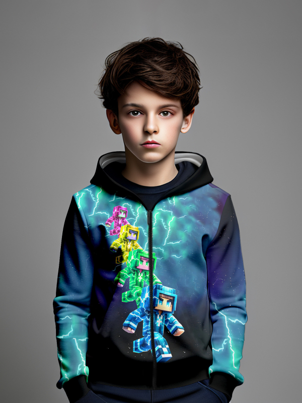 Piiriülene 3D-digitaalprintimisega poiste kapuutsiga dressipluus, digitaalse lukuga kapuutsiga kardigan