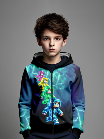 Piiriülene 3D-digitaalprintimisega poiste kapuutsiga dressipluus, digitaalse lukuga kapuutsiga kardigan