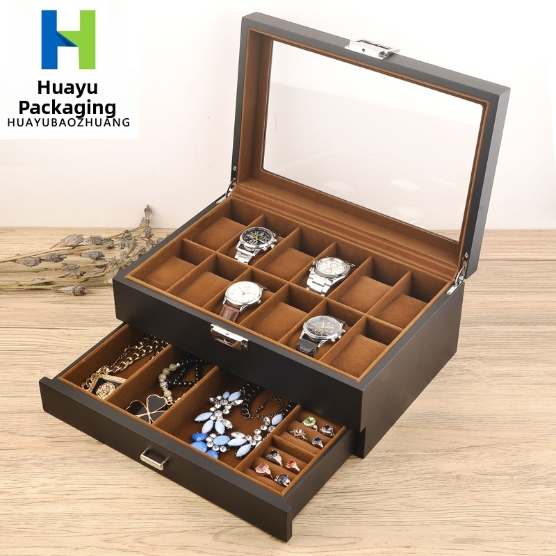 Jauna pulksteņu kastes vairumtirdzniecības melna matēta 12 divslāņu pulksteņu rotaslietu kaste koka krāsas rotaslietu uzglabāšanas kaste