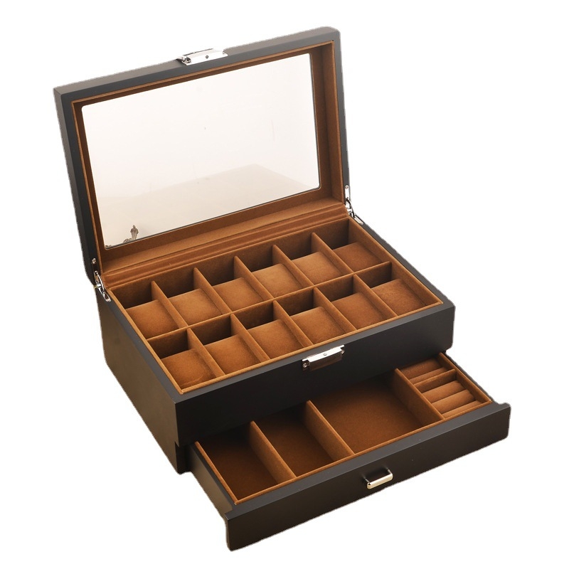 Uus kellakarp kohapeal hulgimüügis must matt 12 kahekihiline kella ehtekarp puidust värvi ehete hoiukarp