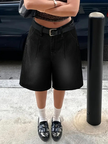 Pantaloni scurți din denim drepți, cu croială largă, de lungime medie, plisați, pentru femei, comerț exterior transfrontalier, Amazon, Europa și America, High Street, negri, cu imprimeu floral