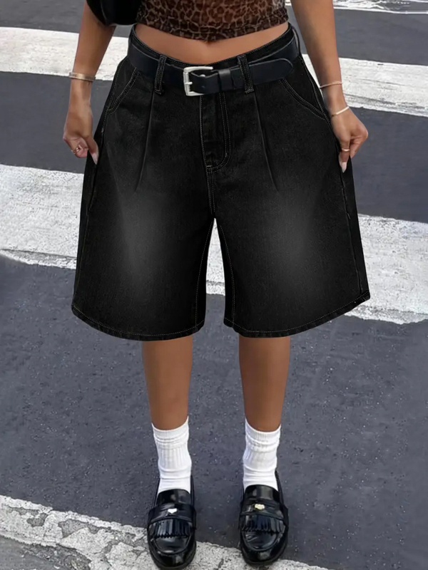 Pantaloni scurți din denim drepți, cu croială largă, de lungime medie, plisați, pentru femei, comerț exterior transfrontalier, Amazon, Europa și America, High Street, negri, cu imprimeu floral