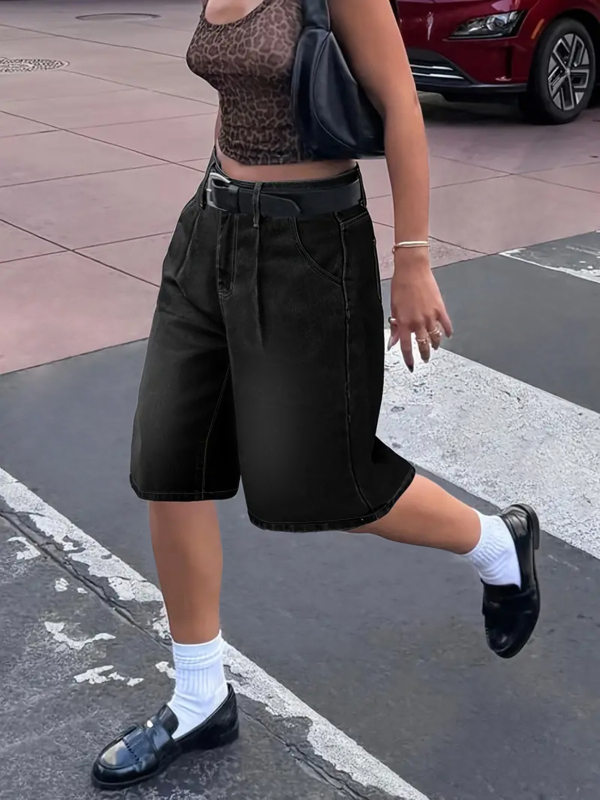 Pantaloni scurți din denim drepți, cu croială largă, de lungime medie, plisați, pentru femei, comerț exterior transfrontalier, Amazon, Europa și America, High Street, negri, cu imprimeu floral