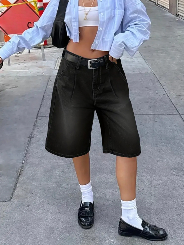 Pantaloni scurți din denim drepți, cu croială largă, de lungime medie, plisați, pentru femei, comerț exterior transfrontalier, Amazon, Europa și America, High Street, negri, cu imprimeu floral