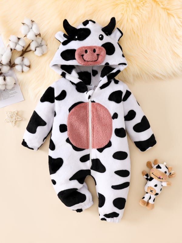 2024-es határokon átnyúló őszi és téli baba Mao Mao kapucnis sapka, szerelmes foltos, hímzett, tehénmintás, alkalmi cipzáras, hosszú mászóruha