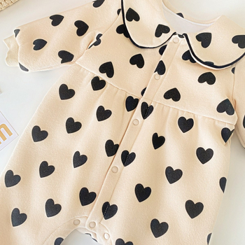 Κορεάτικο στυλ, τυπωμένο με ροδακινί και καρδιές, νεογέννητο, ζεστά ρούχα αναρρίχησης για το φθινόπωρο και τον χειμώνα, βαμβακερό καπιτονέ κοστούμι όλα-σε-ένα για μωρά κορίτσια