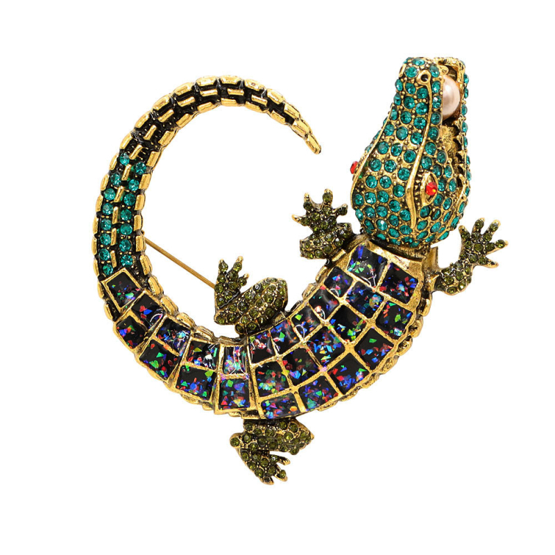 Gyémánttal kirakott nagyméretű, retró, olajcseppelő krokodil bross, határokon átnyúló divatos, minden egyezésű állattű