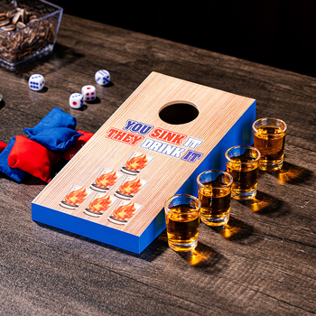 Puidust liivakottide viskamise mäng, spordimängude mänguasi, liivakottide viskamise lauakomplekt, laua liivakottide mäng veiniklaasiga