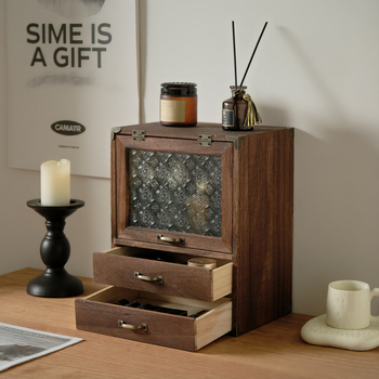 Ρετρό Ξύλινο Λουλούδι Μπιγκόνια Γυάλινο Ντουλάπι Αποθήκευσης Κοσμημάτων Καλλυντικών με Συρτάρι Επιτραπέζιο Κουτί Αποθήκευσης Καλλυντικών