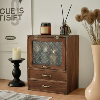 Ρετρό Ξύλινο Λουλούδι Μπιγκόνια Γυάλινο Ντουλάπι Αποθήκευσης Κοσμημάτων Καλλυντικών με Συρτάρι Επιτραπέζιο Κουτί Αποθήκευσης Καλλυντικών