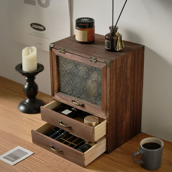 Ρετρό Ξύλινο Λουλούδι Μπιγκόνια Γυάλινο Ντουλάπι Αποθήκευσης Κοσμημάτων Καλλυντικών με Συρτάρι Επιτραπέζιο Κουτί Αποθήκευσης Καλλυντικών