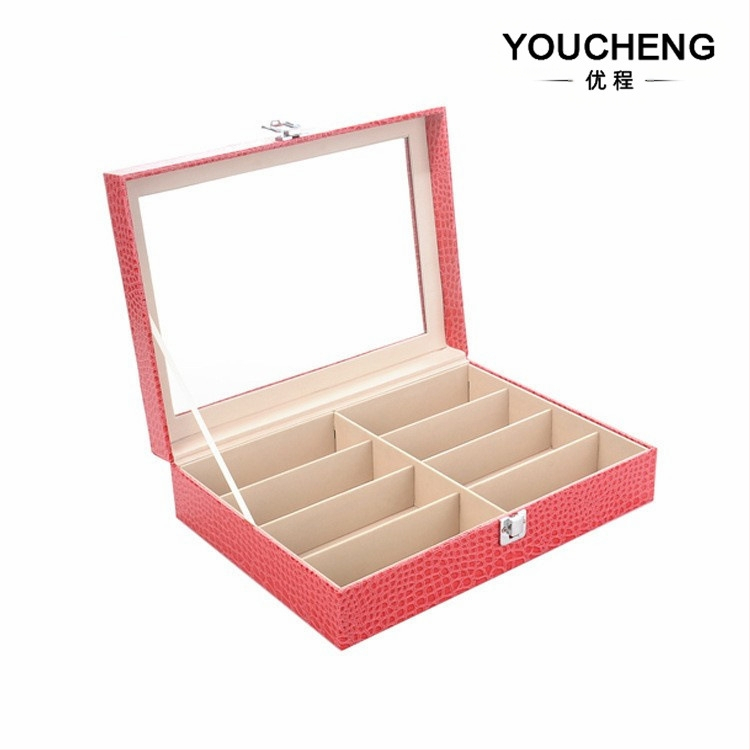 Vairumtirdzniecības rožu sarkana 8 režģa briļļu displeja kaste koka saulesbriļļu kaste PU briļļu uzglabāšanas kaste