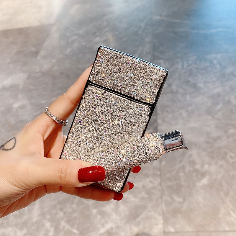 Brichetă gonflabilă cu cutie de țigări incrustată cu diamante, set de 20 de pachete, din piele neagră, rezistentă la umiditate, lux pentru femei, marcă la modă