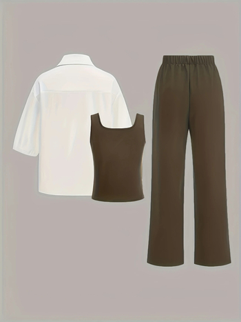 Σετ καλοκαιρινών ρούχων ντοπαμίνης 2025, νέο μοντέρνο παντελόνι με αντιγηραντική δράση, σετ τριών τεμαχίων, με πουκάμισο και αδυνάτισμα πουκάμισο