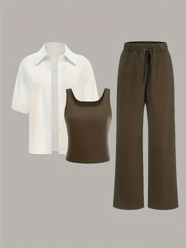 Летен комплект облекло с допаминов ефект 2025, нов моден комплект от три части, намаляващ възрастта, риза за отслабване и потник