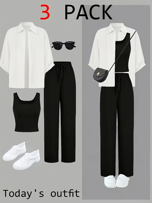 Летен комплект облекло с допаминов ефект 2025, нов моден комплект от три части, намаляващ възрастта, риза за отслабване и потник