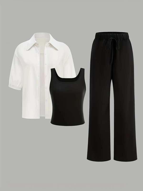 Летен комплект облекло с допаминов ефект 2025, нов моден комплект от три части, намаляващ възрастта, риза за отслабване и потник