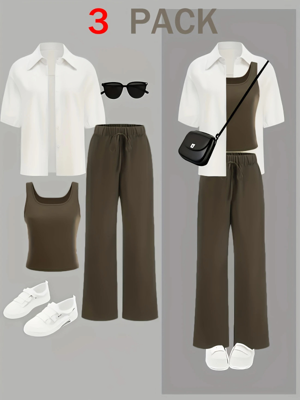 Летен комплект облекло с допаминов ефект 2025, нов моден комплект от три части, намаляващ възрастта, риза за отслабване и потник