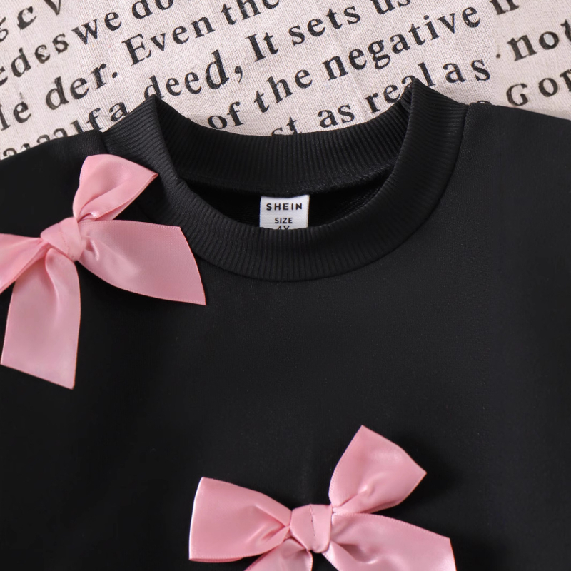 Cezhraničný zahraničný obchod Najpredávanejšia európska a americká jesenná a zimná mikina s dlhým rukávom, okrúhlym výstrihom a trojrozmernou mašľou, jednofarebná dvojdielna súprava so zvonovým spodným dielom