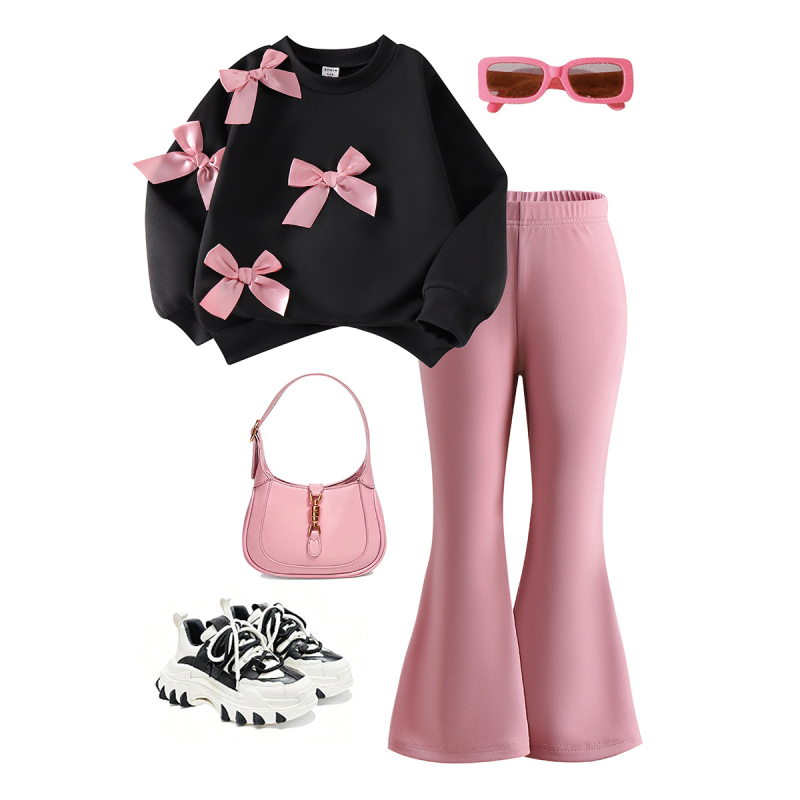 Cezhraničný zahraničný obchod Najpredávanejšia európska a americká jesenná a zimná mikina s dlhým rukávom, okrúhlym výstrihom a trojrozmernou mašľou, jednofarebná dvojdielna súprava so zvonovým spodným dielom