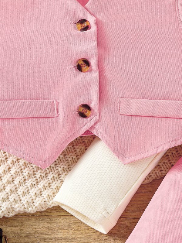 Costum elegant de lux cu guler înalt, stil Chanel, roz, tricou, trei piese, la modă