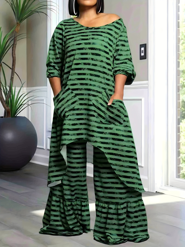 Dámsky ležérny oblek Directional Plus Size, veľkosť Zväčšenie, módny ležérny nepravidelný top a skladané nohavice so širokými nohavicami