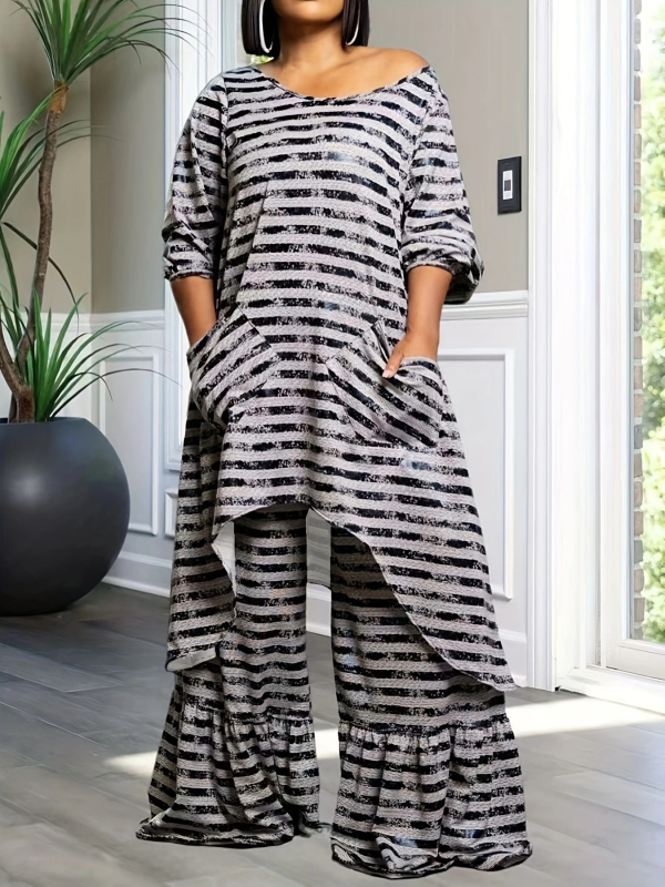 Dámsky ležérny oblek Directional Plus Size, veľkosť Zväčšenie, módny ležérny nepravidelný top a skladané nohavice so širokými nohavicami